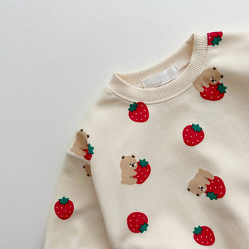 Пролетен и есенен сладък комплект за бебета и момичета, модни пуловери с ягоди + памучни спортни панталони за момчета, свободен висококачествен анцуг