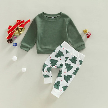 FOCUSNORM 0-24M Коледа 2 бр. Бебешки комплекти дрехи за момчета и момичета 3 цвята Пуловер с дълъг ръкав Едноцветен суичър + Панталони за коледно дърво