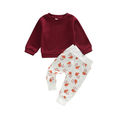 FOCUSNORM 0-24M Ziemassvētki 2gab Zēniņu meiteņu drēbju komplekti 3 krāsu džemperis ar garām piedurknēm, vienkrāsains džemperis + Ziemassvētku bikses