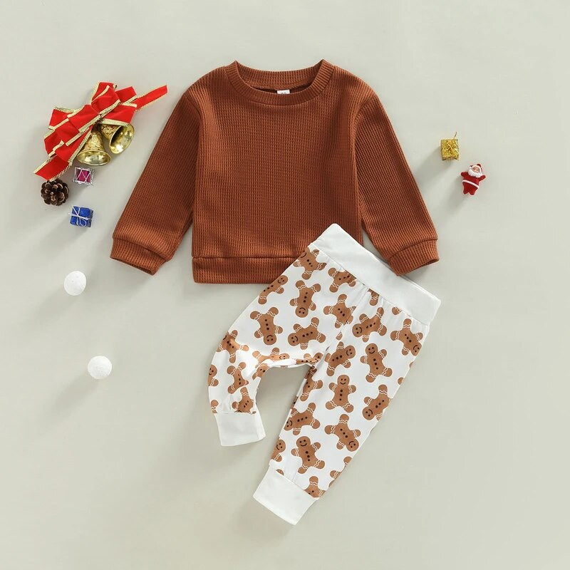 FOCUSNORM 0-24M Ziemassvētki 2gab Zēniņu meiteņu drēbju komplekti 3 krāsu džemperis ar garām piedurknēm, vienkrāsains džemperis + Ziemassvētku bikses
