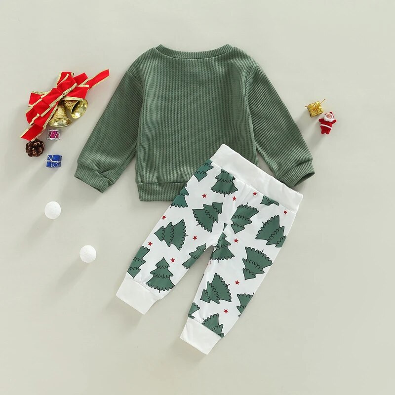 FOCUSNORM 0-24M Ziemassvētki 2gab Zēniņu meiteņu drēbju komplekti 3 krāsu džemperis ar garām piedurknēm, vienkrāsains džemperis + Ziemassvētku bikses