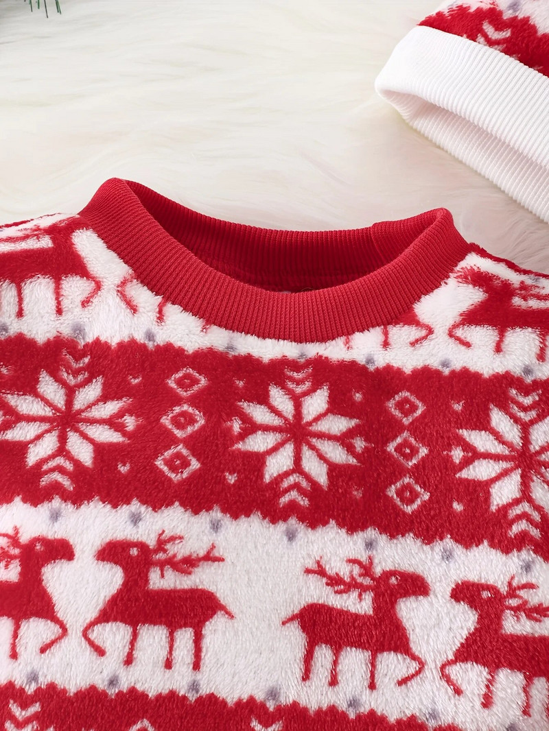 Ziemas jauks jaundzimušo zēnu un meiteņu flaneļa trīsdaļīgs komplekts Ziemassvētku rudens mājīgs silts raksts ārzemju stils ar cepuri