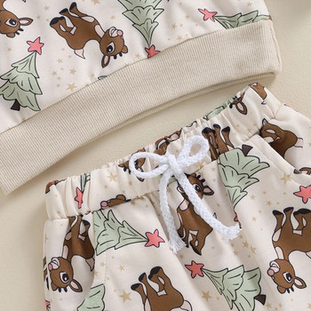 Коледни комплекти дрехи за новородени бебета Прохождащи деца Момчета Момичета Суичъри с дълъг ръкав с щампа на елени Екипировки с панталони с ластик на талията