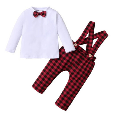 Kalėdinis 2 dalių kostiumo rinkinys berniukui, languotas, apvaliu kaklu, ilgomis rankovėmis + kelnės su kabliukais pavasario rudeniui 0–18 mėn.