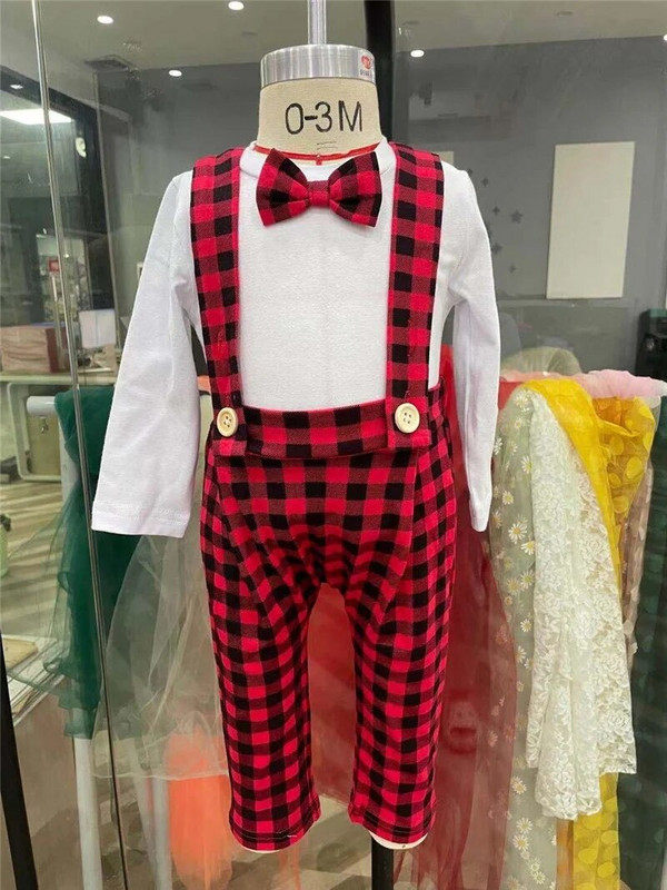 Kalėdinis 2 dalių kostiumo rinkinys berniukui, languotas, apvaliu kaklu, ilgomis rankovėmis + kelnės su kabliukais pavasario rudeniui 0–18 mėn.