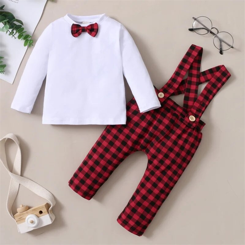 Kalėdinis 2 dalių kostiumo rinkinys berniukui, languotas, apvaliu kaklu, ilgomis rankovėmis + kelnės su kabliukais pavasario rudeniui 0–18 mėn.