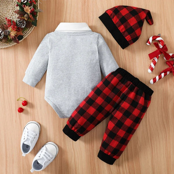 PatPat Коледа 3 бр. Baby Boy 95% памук с дълги ръкави Значка на Дядо Коледа Папийонка Гащеризон и червени карирани панталони с комплект шапки