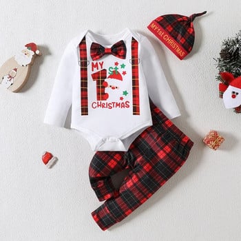 3 τεμ. Baby Boy Christmas Cartoon Elk Print Μακρυμάνικο Μοναδικό Καπέλο Παντελονιού με τετράγωνο τύπωμα 0-12M Φθινοπωρινά βαμβακερά ρούχα