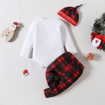 3 τεμ. Baby Boy Christmas Cartoon Elk Print Μακρυμάνικο Μοναδικό Καπέλο Παντελονιού με τετράγωνο τύπωμα 0-12M Φθινοπωρινά βαμβακερά ρούχα