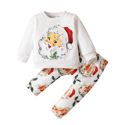 Kūdikių rudens ir žiemos Kalėdų džemperis ilgomis rankovėmis ir kelnių kostiumas, dengtas Kalėdų Senelio medvilniniais vaikiškais drabužiais