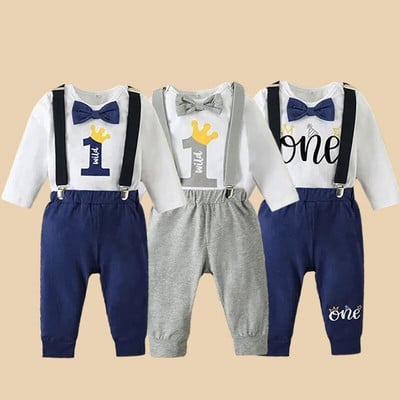Body cu mânecă lungă pentru copii de toamnă, 2 buc, cu pantaloni cu bretele de culoare uni, costum de zi de naștere cu papion imprimat cu litere, 9-18 m