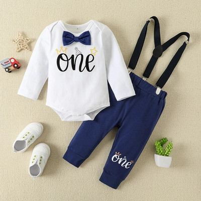 2 komada novog dječjeg bodija dugih rukava za dječake s jednobojnim hlačama na tregere, rođendansko odijelo s leptir mašnom i slovima, 9-18M