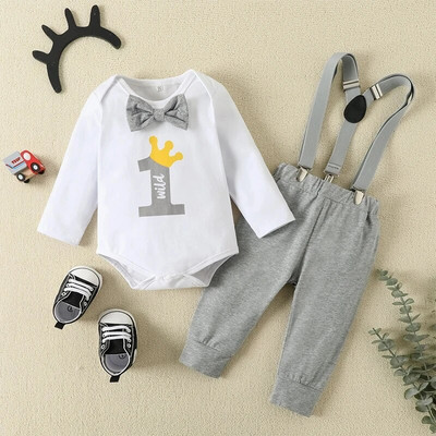 2 komada novog dječjeg bodija dugih rukava za dječake s jednobojnim hlačama na tregere, rođendansko odijelo s leptir mašnom i slovima, 9-18M