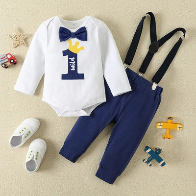 2 komada novog dječjeg bodija dugih rukava za dječake s jednobojnim hlačama na tregere, rođendansko odijelo s leptir mašnom i slovima, 9-18M