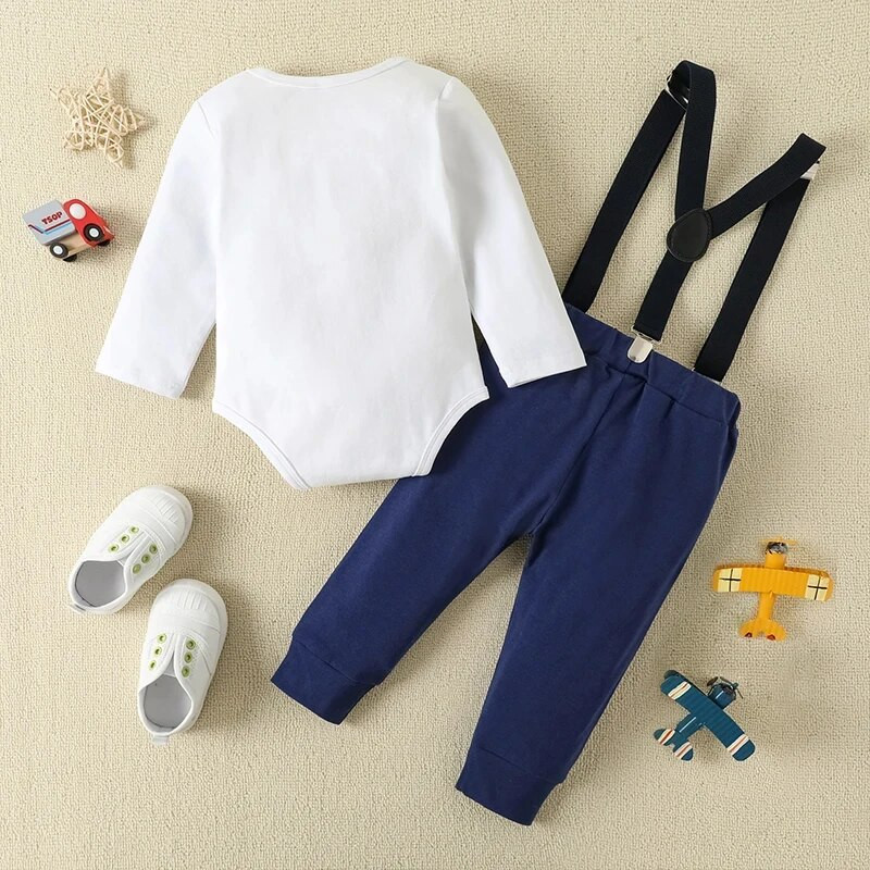 2 komada novog dječjeg bodija dugih rukava za dječake s jednobojnim hlačama na tregere, rođendansko odijelo s leptir mašnom i slovima, 9-18M