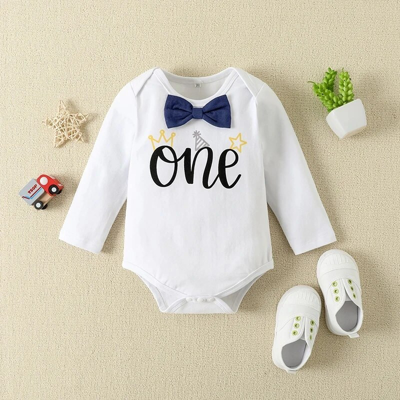 2 komada novog dječjeg bodija dugih rukava za dječake s jednobojnim hlačama na tregere, rođendansko odijelo s leptir mašnom i slovima, 9-18M