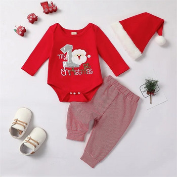 ma&baby 0-18M Коледни комплекти дрехи за новородени бебета за момчета Писмо Дядо Коледа Гащеризон с дълъг ръкав Раирани панталони Коледно облекло