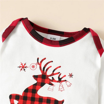 Νεογέννητο μωρό αγόρι και κορίτσι Χαρούμενα Χριστουγεννιάτικα Σετ ρούχων Deer print Μακρυμάνικο Romper + καρό παντελόνι + καπέλο Φθινόπωρο & Χειμώνας 3 ΤΕΜ.