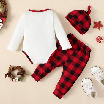 Комплект дрехи за новородено момче и момиче Весела Коледа Гащеризон с дълъг ръкав с принт на елени + кариран панталон + шапка Есенно-зимна екипировка от 3 бр.
