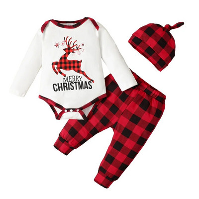 Jaundzimušajam zēnam un meitenei Priecīgus Ziemassvētku drēbju komplekts Brieža apdruka ar garām piedurknēm Romperi + Plaids Bikses + Cepure rudens un ziemas 3 gab.