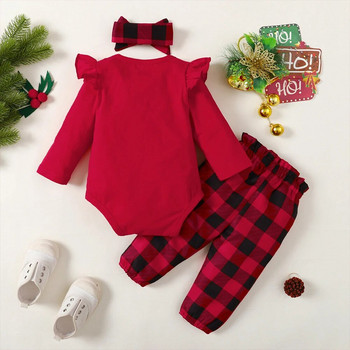 LAPA 0-18M Коледен сладък детски костюм за момиченце Червен гащеризон с волани с дълъг ръкав + карирани панталони + лента за глава 3 БР. Парти комплект за малко момиченце