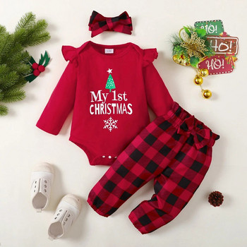 LAPA 0-18M Χριστουγεννιάτικο χαριτωμένο βρεφικό κοστούμι μωρό κοριτσάκι κόκκινο βολάν με μακρυμάνικο ρολό + καρό παντελόνι + κεφαλόδεσμος 3 τμχ Σετ πάρτι για νήπια