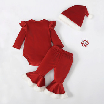 Ma&Baby 0-24M Χριστουγεννιάτικα Νεογέννητα Βρέφη Νήπιο Σετ Ρούχα Κοριτσάκι Γράμμα Romper Βελούδινο παντελόνι καπέλο βελούδινο στολές Χριστουγεννιάτικες στολές
