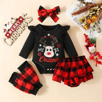 ma&baby 0-18M Коледен комплект дрехи за новородени бебета и момичета Letter Deer Romper Kared Shorts Band Head Warmer Xmas Outfit D05