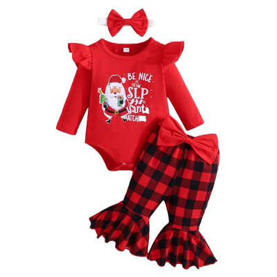 Meiteņu ziemassvētku apģērbi, bērnu apģērbi, Ziemassvētku vecīša zīdaiņiem, 3 gab., drukas džemperis ar garām piedurknēm.