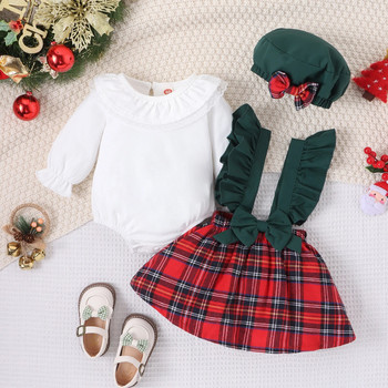 ma&baby 0-24M Коледни комплекти дрехи за новородени бебета и момичета Коледни костюми Екипировка Горнища с дълъг ръкав Карирана пола Шапка D05