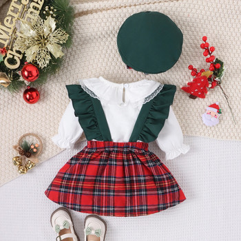 ma&baby 0-24M Χριστουγεννιάτικα Νεογέννητα Βρεφικά Βρεφικά Ρούχα Σετ Χριστουγεννιάτικων στολών Στολή μακρυμάνικο μπλουζάκια καρό καπέλο φούστα D05