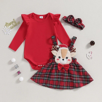 Βρεφικό κοριτσάκι Χριστουγεννιάτικο σετ 3τμχ με βολάν, μακρυμάνικο, κέντημα σε γραμμή Α, καρό φούστα από άλκες, σετ κεφαλόδεσμος 0-18 μηνών