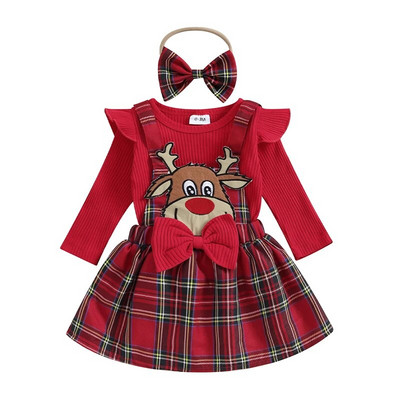 Mazuļu meiteņu drēbes Ziemassvētku tērpi, garās piedurknes ar burtu apdruku un rūtaini svārki, galvas saišu komplekts jaundzimušajam
