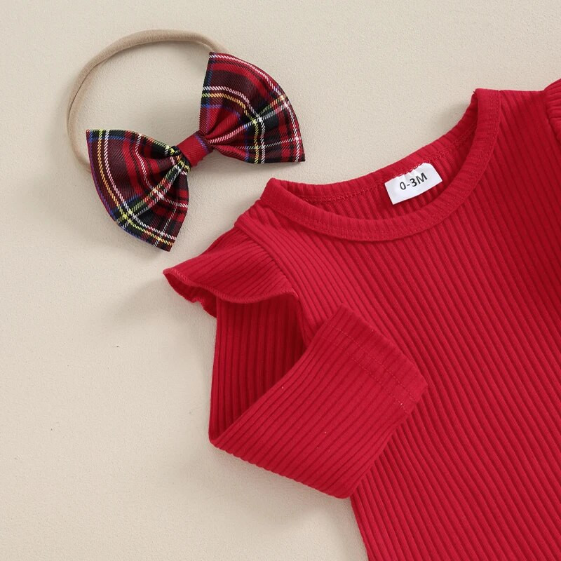 Mazuļu meiteņu drēbes Ziemassvētku tērpi, garās piedurknes ar burtu apdruku un rūtaini svārki, galvas saišu komplekts jaundzimušajam