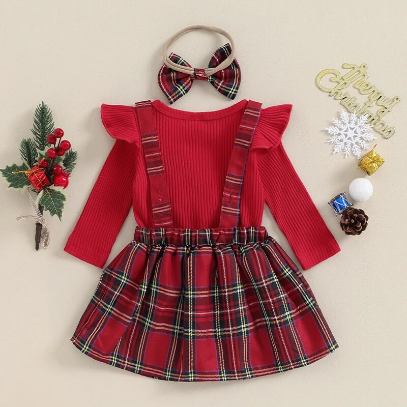 Mazuļu meiteņu drēbes Ziemassvētku tērpi, garās piedurknes ar burtu apdruku un rūtaini svārki, galvas saišu komplekts jaundzimušajam