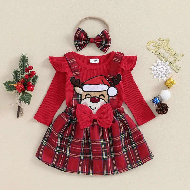 Mazuļu meiteņu drēbes Ziemassvētku tērpi, garās piedurknes ar burtu apdruku un rūtaini svārki, galvas saišu komplekts jaundzimušajam