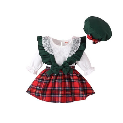 Ziemassvētku meiteņu apģērbi, mežģīņu bantītes rūtainu siksnu kleita+mežģīnes viengabala ar garām piedurknēm+cepure 3gab Jaungada kostīmu komplekti meitenei 0-24M