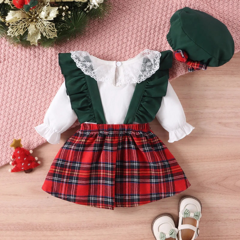 Ziemassvētku meiteņu apģērbi, mežģīņu bantītes rūtainu siksnu kleita+mežģīnes viengabala ar garām piedurknēm+cepure 3gab Jaungada kostīmu komplekti meitenei 0-24M
