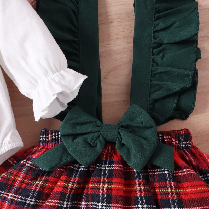 Ziemassvētku meiteņu apģērbi, mežģīņu bantītes rūtainu siksnu kleita+mežģīnes viengabala ar garām piedurknēm+cepure 3gab Jaungada kostīmu komplekti meitenei 0-24M