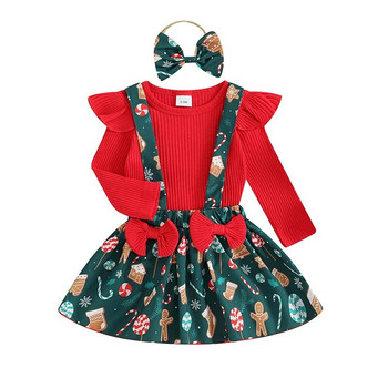 Listenwind Облекло от 3 части за бебешки момичета Коледен гащеризон с дълги ръкави и пола с тиранти с принт Сладки есенни дрехи с лента за глава