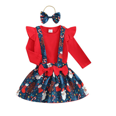 Listenwind Baby Girls 3 dalių kalėdinė apranga ilgomis rankovėmis šliaužtinukai ir spaudiniai sijonas su petnešėlėmis Mieli rudeniniai drabužiai su galvos apdangalu