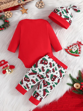Βρεφική βρεφική χριστουγεννιάτικη φόρμα με μακρυμάνικο τύπωμα Romper Μακρύ παντελόνι με κόμπο καπέλο Παιδικά ρούχα