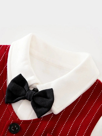 Пролетен и есенен гащеризон за момче с дълъг ръкав Джентълмен Коледни памучни райета Красива черна вратовръзка 0-1 години