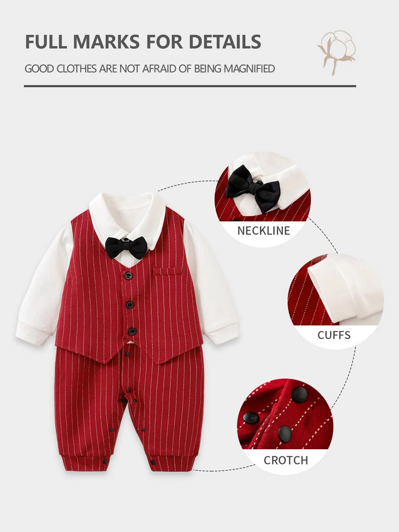 Pavasara un rudens zīdaiņu kombinezons ar garām piedurknēm Džentlmeņu Ziemassvētku kokvilnas svītras Skaista melna kaklasaite 0-1 gadus vecs