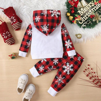 3-24 εκατομμύρια χριστουγεννιάτικα ρούχα για το πρώτο μωρό μου Βρεφικά ρούχα με κουκούλα + κόκκινο καρό παντελόνι νιφάδα χιονιού 2024 Παιδική στολή για νήπια Πρωτοχρονιά