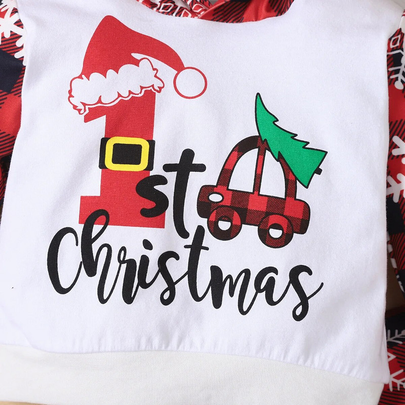 3-24 M Mans pirmais mazulis Ziemassvētku tērpi Zīdaiņu meiteņu drēbes ar kapuci + sarkanas rūtainas bikses ar sniegpārsliņu 2024. gada mazuļu Jaungada kostīmi, bērni