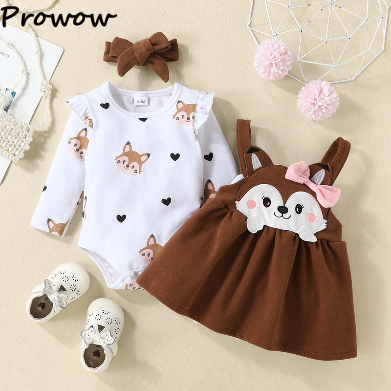 „Fox Baby Girl“ drabužių rinkiniai Animacinių filmų „Fox Print“ šliaužtinukai ir „Fox“ suknelė mergaitėms, naujagimiams, mergaičių drabužių rinkiniai