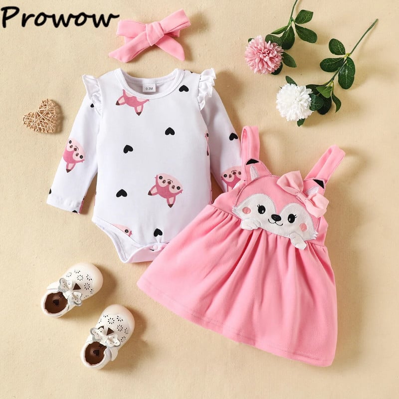 „Fox Baby Girl“ drabužių rinkiniai Animacinių filmų „Fox Print“ šliaužtinukai ir „Fox“ suknelė mergaitėms, naujagimiams, mergaičių drabužių rinkiniai