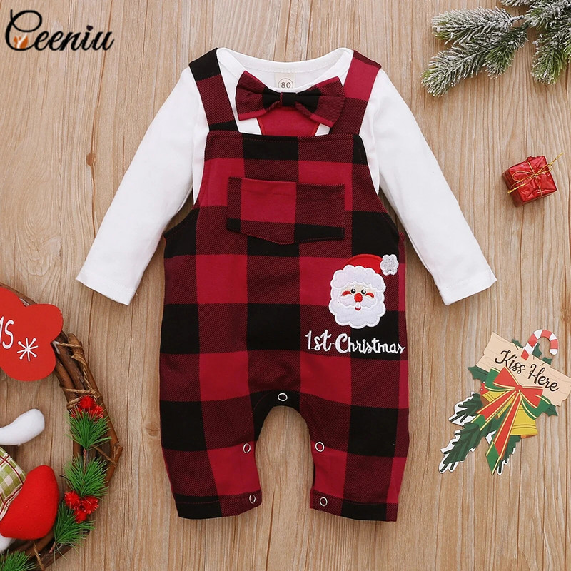 Ceeniu My First Christmas Baby Outfit Kaklasaite Bodijs+Suspender Sarkanas Plaids Bikses Jaundzimušajam Jaungada kostīms Mazuļa Ziemassvētku Apģērbs