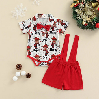 Χριστουγεννιάτικες στολές για νεογέννητο αγοράκι με κοντό μανίκι παπιγιόν πουκάμισο ρόμπα και κόκκινο μονόχρωμο σορτς σορτς